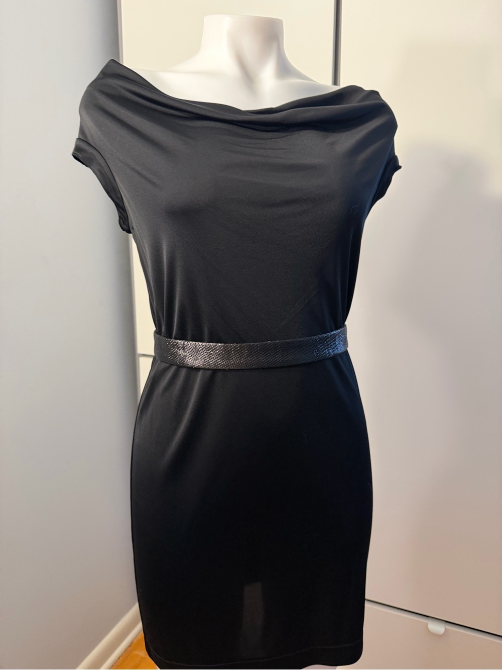 Black Cowl Neck Mini Dress with Waist Belt